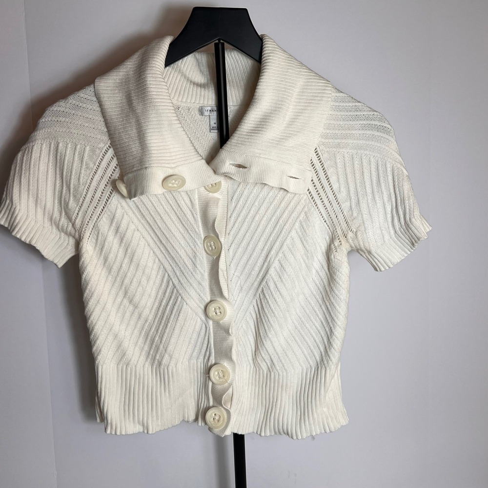 Semantiks Knit Short‎ Sleeve Cardigan Top Button Down Collared Sweater Cream - Picture 2 of 10